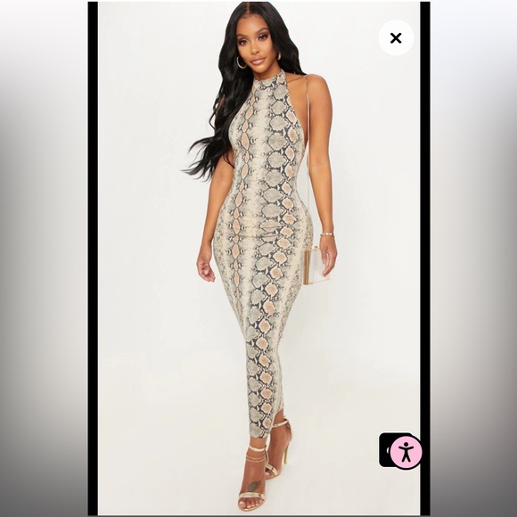 PrettyLittleThing Dresses & Skirts - Shape Taupe Snake Print Halterneck Midaxi Dress